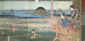 La Dama Fujitsubo observando al Príncipe Genji partir a la luz de la luna, 1853