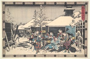 La Liga Leal de los Cuarenta y Siete R?nin (Ch?shingura), Acto XI, No. 3: El Ataque Nocturno Moronao incautado por los Ronin de Utagawa Hiroshige