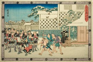 El ataque nocturno, parte 4: La retirada (Youchi yon, hikitori), de la serie "La venganza de los leales retenedores (Chushingura)" de Utagawa Hiroshige