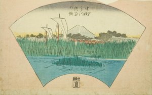 La profundidad de la separación del río de tres puntas en Nakasu (Nakasu Mitsumata Wakarenofuchi), sección de una hoja de la serie "Imágenes recortadas de lugares famosos en Edo (Edo meisho harimaze zue)" de Utagawa Hiroshige