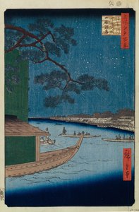 El pino del éxito y Oumayagashi en el río Asakusa Cien vistas famosas de Edo, 1856-1858 de Utagawa Hiroshige