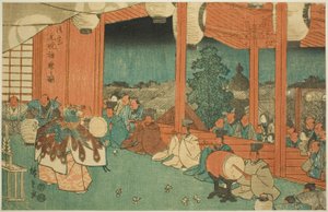 La Danza Sagrada en el Santuario Shinmei en Shiba al Amanecer (Shiba Shinmei, Omiya gengyo kagura no zu), de la serie "Lugares Famosos en la Capital del Este (Toto meisho)" de Utagawa Hiroshige