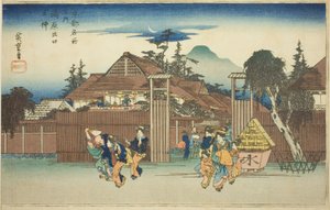 El sauce en la puerta del barrio de placer de Shimabara (Shimabara deguchi no yanagi), de la serie "Vistas famosas de Kioto (Kyoto meisho no uchi)" de Utagawa Hiroshige