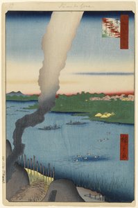 Hornos de azulejos y ferry de Hashiba, río Sumida, No.37 de Cien vistas famosas de Edo, 1857 de Utagawa Hiroshige