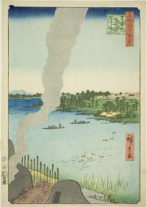 Hornos de tejas y ferry de Hashiba en el río Sumida, de la serie "Cien vistas famosas de Edo" de Utagawa Hiroshige