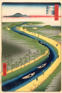 Remolcadores a lo largo del canal Yotsugi-dori, lámina 33 de la serie Cien vistas famosas de Edo, Periodo Edo, Era Ansei, 1857