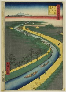 Remolcadores a lo largo del canal Yotsugidori (Yotsugidori yosui hikifune), de la serie "Cien vistas famosas de Edo (Meisho Edo hyakkei)"
