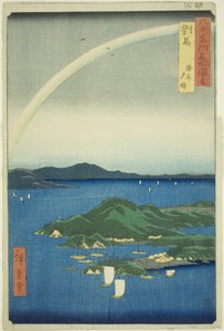 Provincia de Tsushima: Tarde clara en la costa (Tsushima, Kaigan yubare), de la serie "Lugares famosos en las sesenta y tantas provincias (Rokujuyoshu meisho zue)" de Utagawa Hiroshige