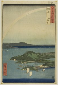 Provincia de Tsushima: Tarde clara en la costa (Tsushima, kaigan yubare), de la serie "Lugares famosos de las sesenta y tantas provincias (Rokujuyoshu meisho zue)". de Utagawa Hiroshige
