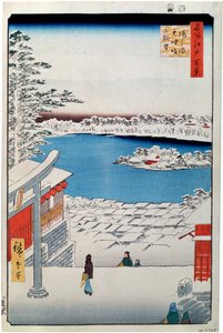Vista desde la cima de la pendiente en el Santuario Tenjin en Yushima de Utagawa Hiroshige