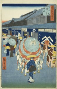 Vista de Nihonbashi Tori-itchome (Nihonbashi Tori-itchome ryakuzu), de la serie "Cien Vistas Famosas de Edo (Meisho Edo hyakkei)" de Utagawa Hiroshige