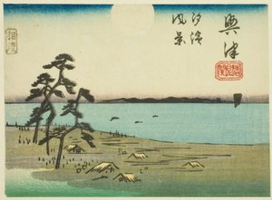 Vista de Shiohama y Kiyomigaseki en Okitsu (Okitsu, Kiyomigaseki, Shiohama fukei), sección de la hoja no. 4 de la serie "Imágenes recortadas del camino Tokaido (Tokaido harimaze zue)" de Utagawa Hiroshige
