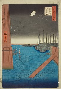 Vista de la isla de Tsukuda desde el puente de Eitai (Eitaibashi Tsukudajima), nº 4 de la serie "Cien vistas famosas de Edo (Meisho Edo hyakkei)".