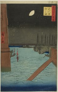 Vista de la isla de Tsukuda desde el puente de Eitai (Eitaibashi Tsukudajima), de la serie "Cien vistas famosas de Edo (Meisho Edo hyakkei)". de Utagawa Hiroshige
