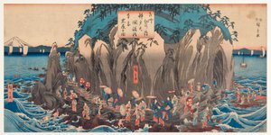 Vista de una peregrinación a la cueva y santuario de Benzaiten en Enoshima, Sagami, c.1850-51