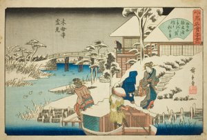 Viendo la nieve en el restaurante Uekiya en el templo Mokubo (Mokuboji yukimi, Uekiya) de la serie "Restaurantes famosos de Edo (Edo komei kaitei zukushi)"