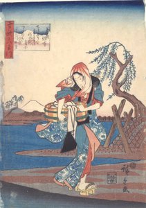 Mujer lavando ropa junto al río Chofu: Seis ríos Tama de Utagawa Hiroshige