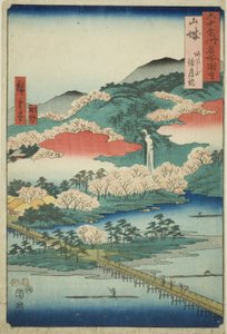 Provincia de Yamashiro: El puente Togetsu en el Monte Arashi, de la serie "Lugares famosos en las sesenta y tantas provincias (Rokujuyoshu meisho zue)" de Utagawa Hiroshige