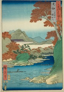 Provincia de Yamato: Montaña Tatsuta y Río Tatsuta, de la serie "Lugares famosos en las sesenta y tantas provincias (Rokujuyoshu meisho zue)" de Utagawa Hiroshige