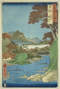 Provincia de Yamato: Montaña Tatsuta y río Tatsuta (Yamato, Tatsutayama, Tatsutagawa), de la serie "Lugares famosos en las sesenta y tantas provincias (Rokujuyoshu meisho zue)" de Utagawa Hiroshige