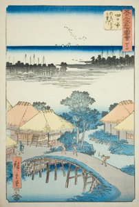 Yokkaichi: Bahía de Nako y el río Mie (Yokkaichi, Nako no ura Miekawa), no. 44 de la serie "Vistas famosas de las cincuenta y tres estaciones (Gojusan tsugi meisho zue)", también conocida como el Tokaido Vertical de Utagawa Hiroshige