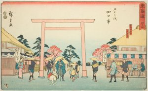 Yokkaichi: La Unión del Camino al Santuario de Ise en el Pueblo de Hinaga (Yokkaichi, Hinagamura oiwake, Sangudo)—No. 44, de la serie "Cincuenta y Tres Estaciones del Tokaido (Tokaido gojusan tsugi)," también conocida como el Reisho Tokaido