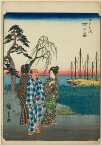 Yokkaichi, de la serie "Cincuenta y tres estaciones [del Tokaido] (Gojusan tsugi)," también conocido como el Tokaido de figuras (Jinbutsu Tokaido) de Utagawa Hiroshige