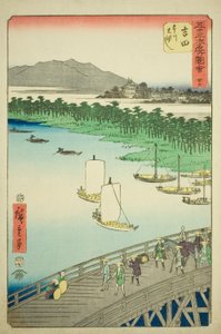 Yoshida: Gran puente sobre el río Toyo (Yoshida, Toyokawa ohashi), no. 35 de la serie "Vistas famosas de las cincuenta y tres estaciones (Gojusan tsugi meisho zue)", también conocido como el Tokaido vertical de Utagawa Hiroshige