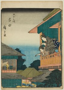 Yoshida, de la serie "Cincuenta y tres estaciones [del Tokaido] (Gojusan tsugi)," también conocido como el Tokaido de figuras (Jinbutsu Tokaido)