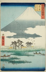 Yoshiwara: Pantano Fuji y Llanura Ukishima (Yoshiwara, Fuji no numa ukishima ga hara), no. 15 de la serie "Lugares Famosos de las Cincuenta y Tres Estaciones (Gojusan tsugi meisho zue)," también conocida como el Tokaido Vertical de Utagawa Hiroshige