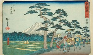 Yoshiwara: La Vista Famosa del Monte Fuji a la Izquierda, no. 15 de la serie "Cincuenta y Tres Estaciones del Tokaido" de Utagawa Hiroshige