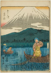 Yoshiwara, de la serie "Cincuenta y tres estaciones [del Tokaido] (Gojusan tsugi)," también conocida como el Tokaido de figuras (Jinbutsu Tokaido) de Utagawa Hiroshige