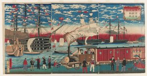 Imagen de una locomotora en el paseo marítimo de Yokohama, Yokohama, periodo Edo de Utagawa Hiroshige III
