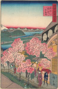 Entrada a la casa de té Gankiro en el distrito de Miyozaki, Yokohama, Bushu, 3er mes, 1859