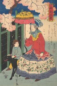 Mujer francesa, su hijo y perro mascota, 10º mes, 1860 de Utagawa Hiroshige II