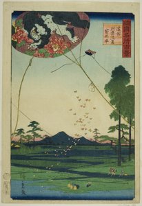 Cometas de Fukuroi y Vista Lejana de Akiba en la Provincia de Totomi, de la serie "Cien Vistas Famosas en las Varias Provincias"