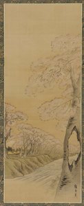 Paisaje: cerezos en flor a lo largo de las orillas de un arroyo, período Edo, 1615-1868