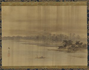 Paisaje fluvial y templo bajo la lluvia, período Edo, siglo XIX