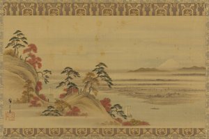 Paisaje fluvial: follaje rojo y Monte Fuji, período Edo, mediados del siglo XIX