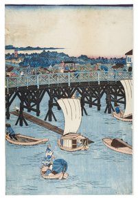 Lugares Famosos en Tokio, Vista Verdadera del Puente Ryogoku de Utagawa II Hiroshige
