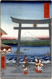 Geishas y el Monte Fuji - impresión japonesa de Hiroshige Utagawa