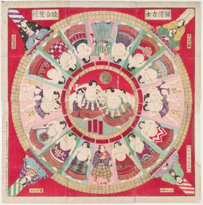 Juego de sugoroku (juego de mesa tradicional decorado con luchadores de sumo y escenas de combate) de Utagawa IV Kunimasa