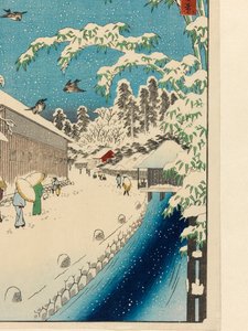 Atagoshita y Yabu Lane (Atagoshita Yabukôji), antes de 1858 (impresión en color a partir de planchas de madera, con escamas de mica y estampado en tela) de Utagawa I Hiroshige
