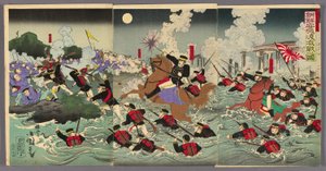 Feroz combate en el cruce de Anseong en Corea (Chosen Anjo watashi no gekisen no zu) de Utagawa Kokunimasa