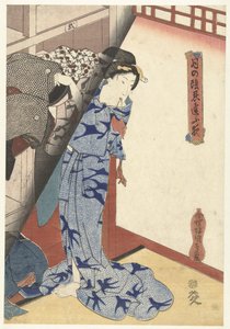 Mujer guardando un kimono Citas nocturnas secretas de Moonlight (título de la serie) Tsuki no kage shinobiau yoru (título de la serie en el objeto) de Utagawa Kunisada (I)