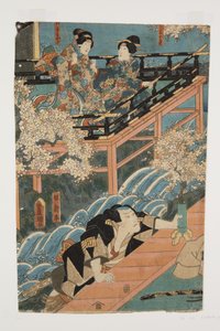 Actores interpretando a Ob?kichisa Koshi-moto Kogiku, D?kiki Yau y Yakko Shinpei (grabado en madera a color) de Utagawa Kunisada