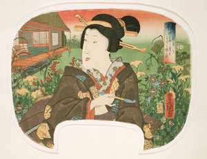 Otoño, Hanayashiki: Una geisha con una pipa, diseño para un abanico de un conjunto de cuatro que ilustran las estaciones