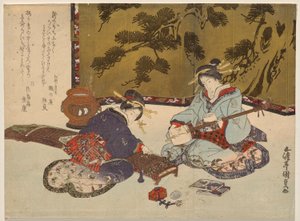 Dos cortesanas tocando instrumentos musicales de Utagawa Kunisada