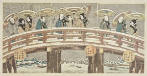 Escena invernal con una procesión de actores que augura buena suerte de Utagawa Kunisada