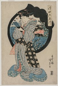 Mujer con un espejo de mano de la serie Los seis ríos Tama del mundo flotante de Utagawa Kunisada
